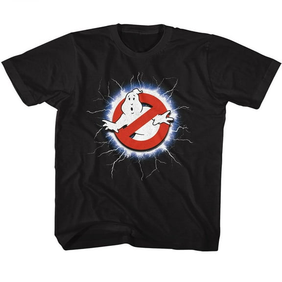 Real Ghostbusters Lightning And Logo Black Youth T-Shirt S (7-8)