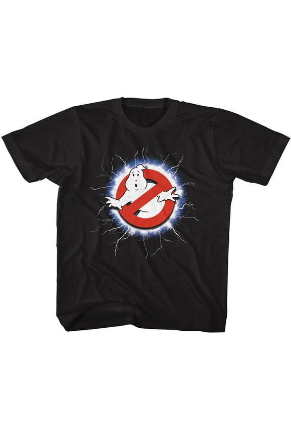 Real Ghostbusters Lightning And Logo Black Youth T-Shirt Xs (5-6)