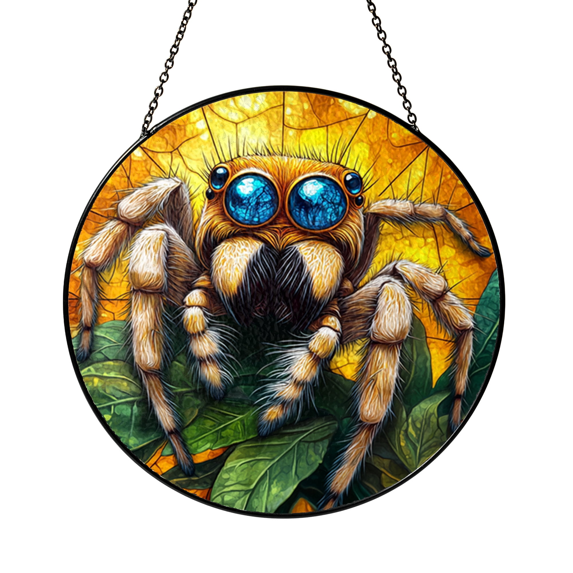 Real Glass Jumping Spider Window Hanging, Stained Glass Style Nature Decor