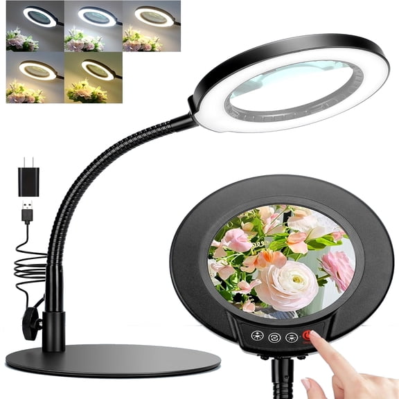 Real Glass Magnifying Glass with Light and Stand, 5 Color Modes Stepless Dimmable Flexible Gooseneck Magnifying Desk Lamp, LED Lighted Magnifier Hands Free for Close Work Craft Reading