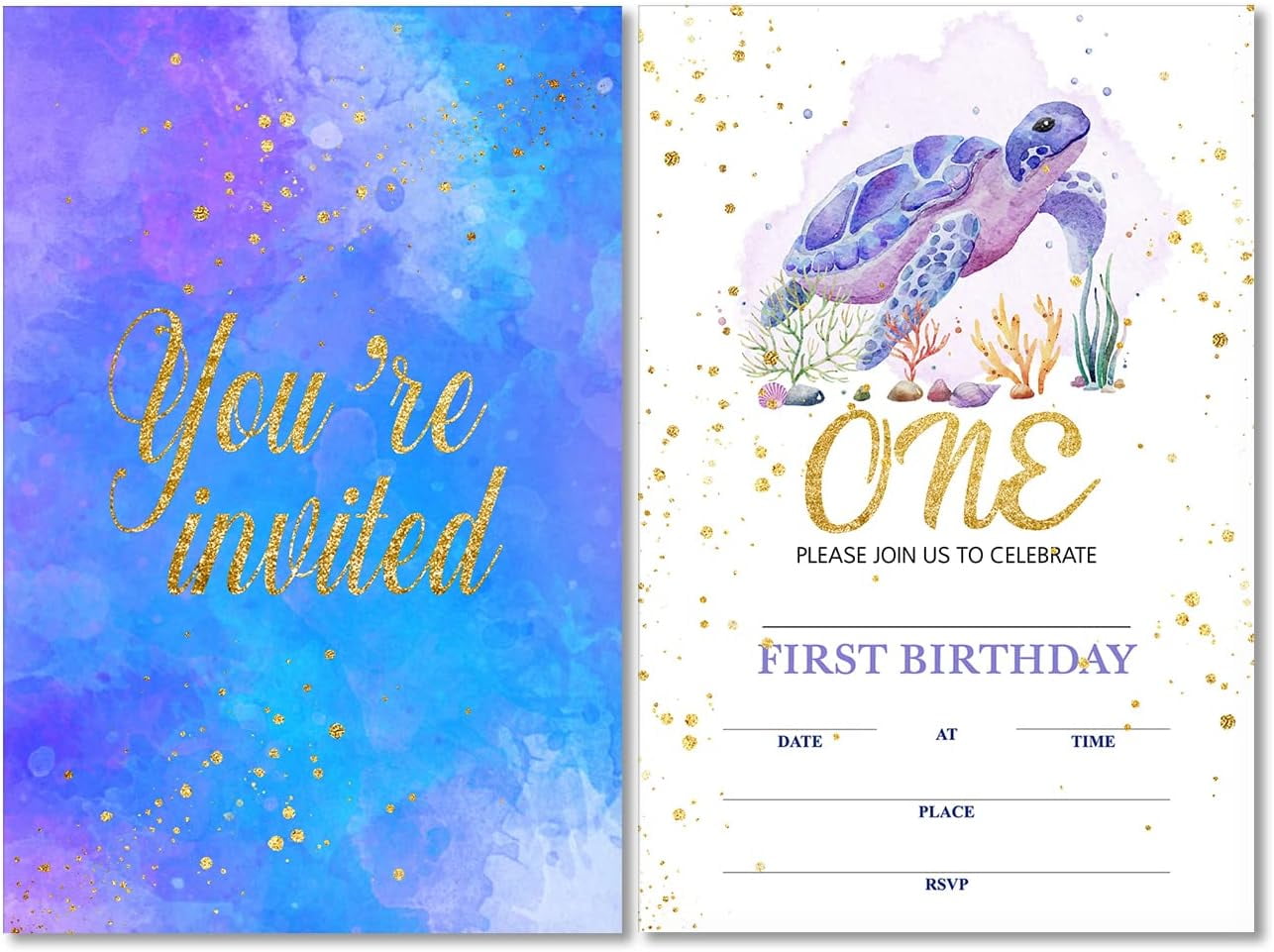 Real Gold Foil Turtle 1st Birthday Party Invitations Set of 20