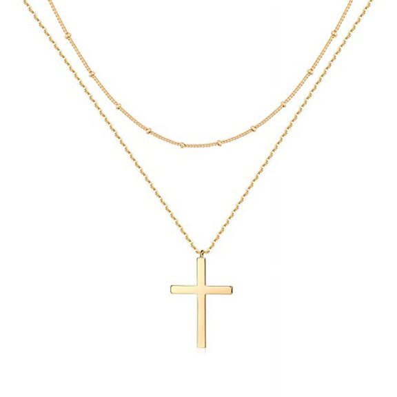 Real Gold Plated Cross Pendant Necklace - Unique Double Layer Sideways Diamond Cross Choker