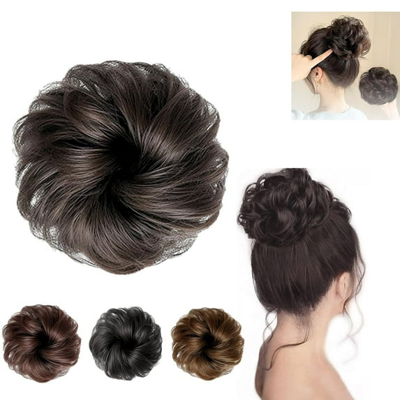 Real Hair Bun Wigs, Women Hair Bun Wigs, Hair Extensions, Thick Buns, Synthetic Bun, Wavy Elastics for Women with Thin Hair, (brown black)