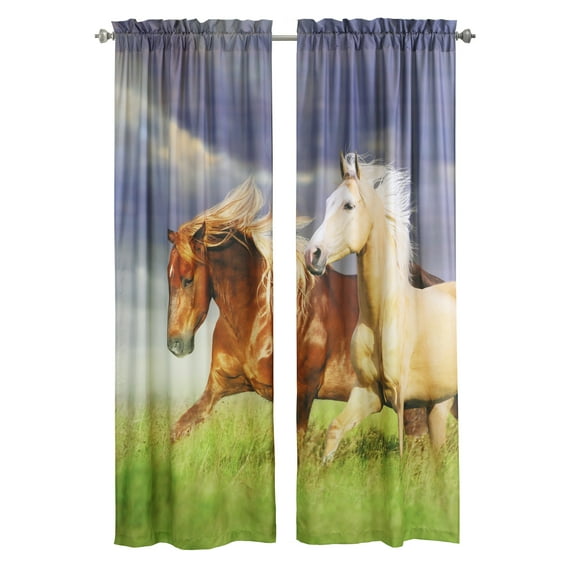 Real Horses Light-Filtering Digital Panoramic Print Curtain Pair 74" x 84" in Multi