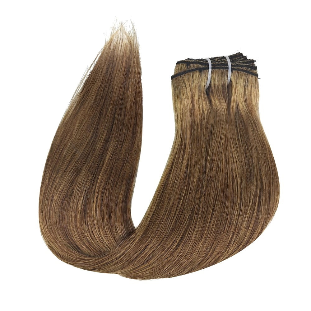 Real Human Hair Invisible Straight Seamless Clip On Hair Extensions 8pcs With 18 Clips Double Weft Hair 120g