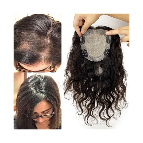 Real Human Hair Topper for Women 10-20" Long Curly Wavy Silk Top with PU Around Skin Base Hair Pieces Clip in Human Hair Toppers for Thicking Hair