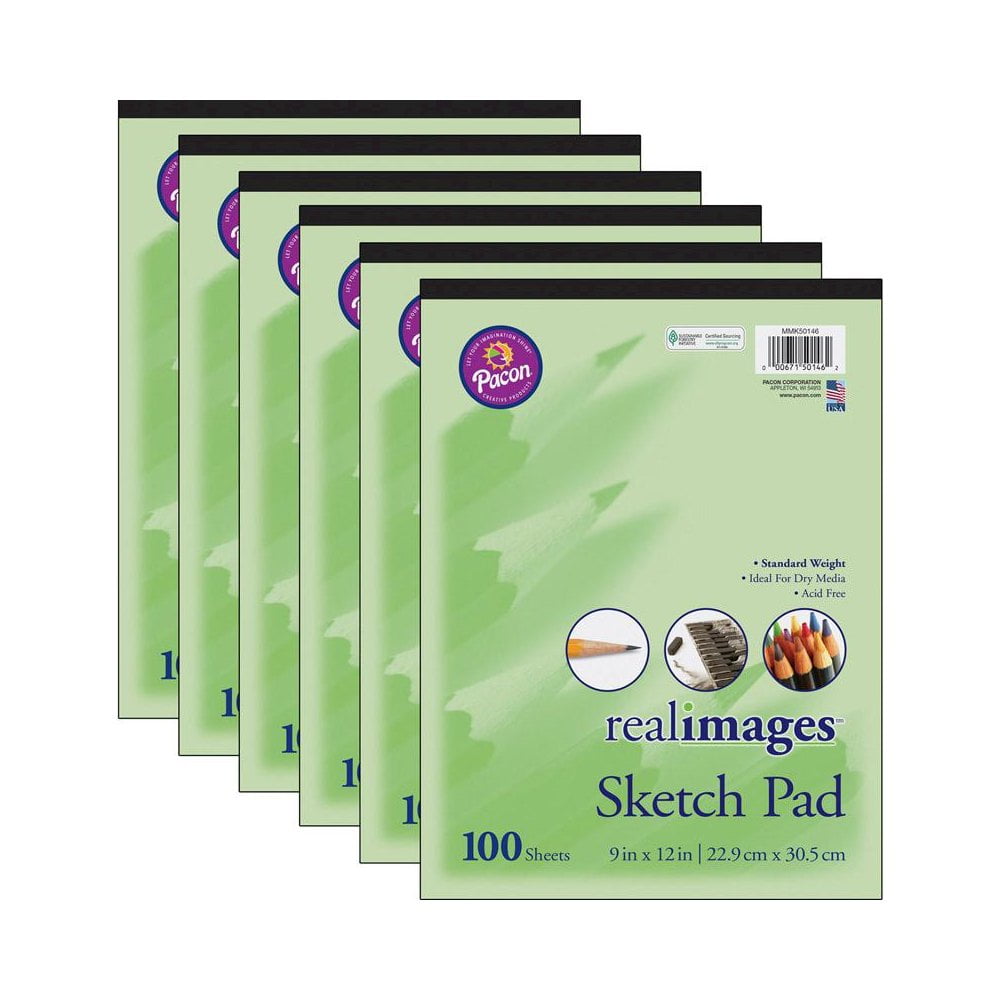 Real Images Sketch Pad, Standard Weight, 9" x 12", 100 Sheets, Pack of 6