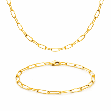 Real Italian 1/200 14k Yellow Gold Overlay Paperclip Chain Necklace and Bracelet Set Cadena y pulsera de clips 4mm 7 inch 18 20 inch For Men and Women Crafted In Italy