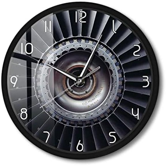 Real Jet Engine Printed Metal Frame Wall Clock, Turbine Fan Aviation Non-Ticking Battery Operated Black Aluminum Frame Clock for Pilot Aviator Kids Children Bedroom Living Room
