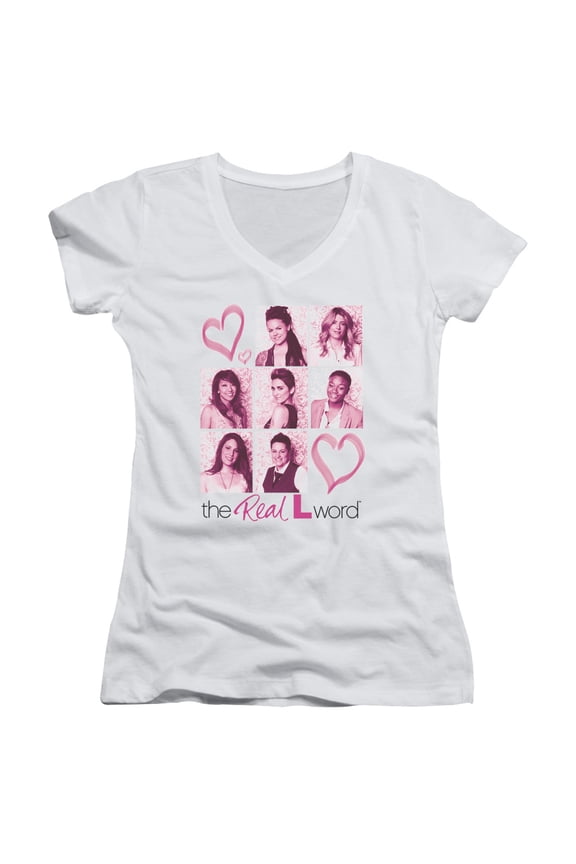 Real L Word Hearts Junior Women's V-Neck T-Shirt White