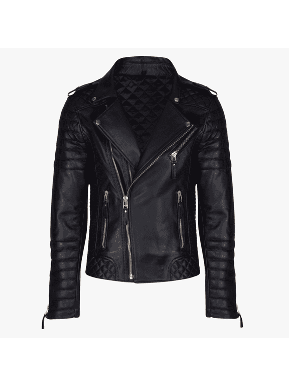 Real Lambskin Black Motorcycle Biker Quilted Leather Jacket For Mens