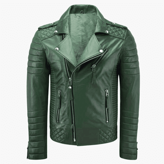 Real Lambskin Dark Green Quilted Motorcycle Biker Leather Jacket For Mens
