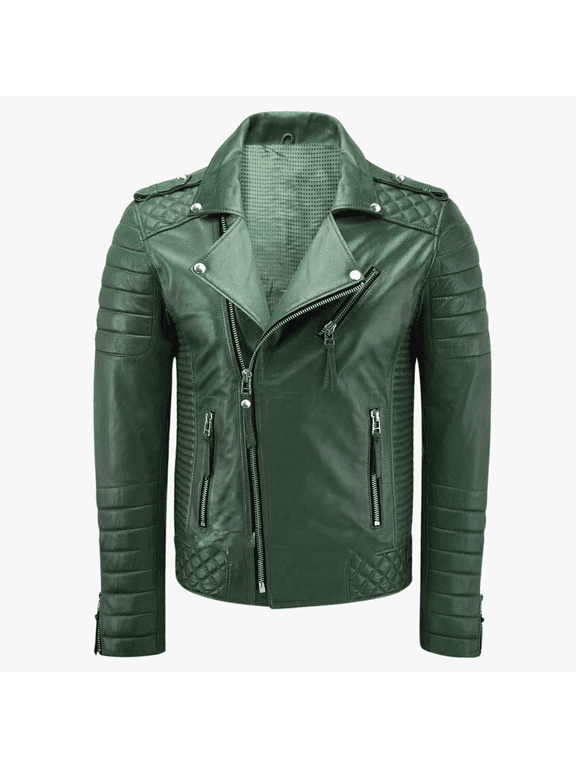 Real Lambskin Dark Green Quilted Motorcycle Biker Leather Jacket For Mens