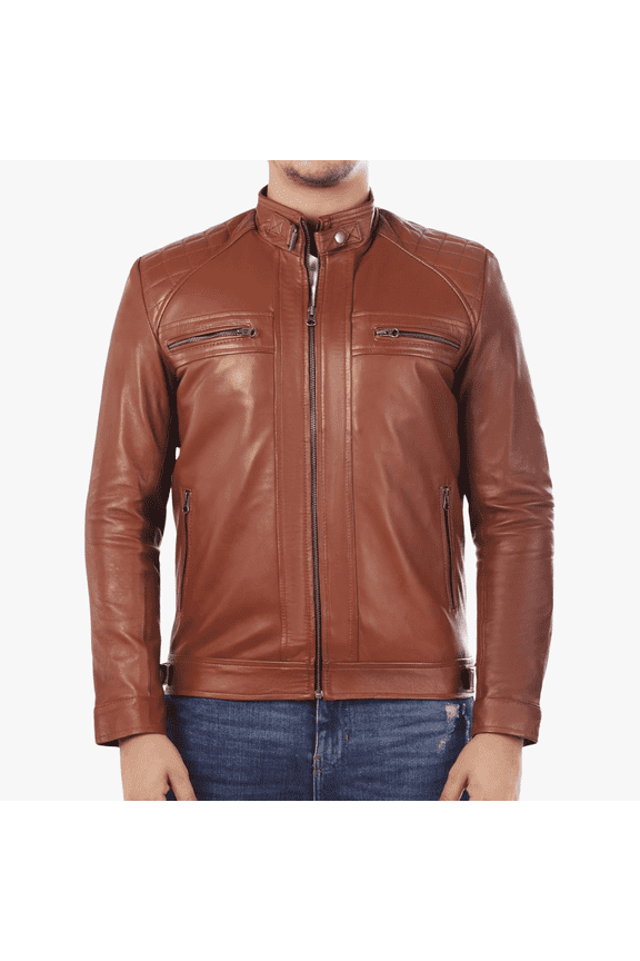 Real Lambskin Dark Tan Leather Jacket For Mens Casual Outwear Jacket