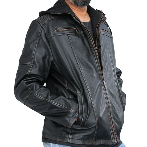 Real Lambskin Leather Black Distressed Biker Jacket With Removable Hood For Men