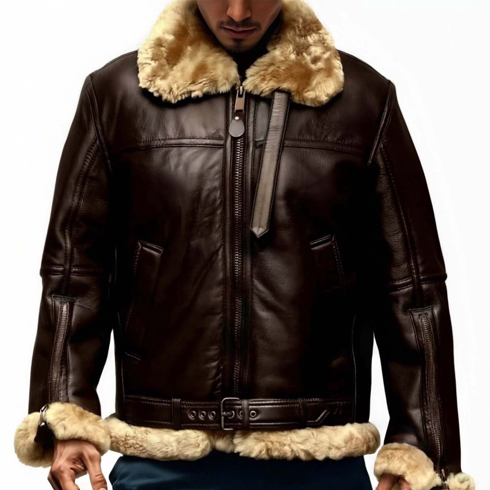 Real Lambskin Leather Jackets Mens - Premium Shearling Leather Coat Men Casual Winter Sherpa Lined Leather Fur Coats Shearling Sheepskin Leather Winter Jacket with Pockets