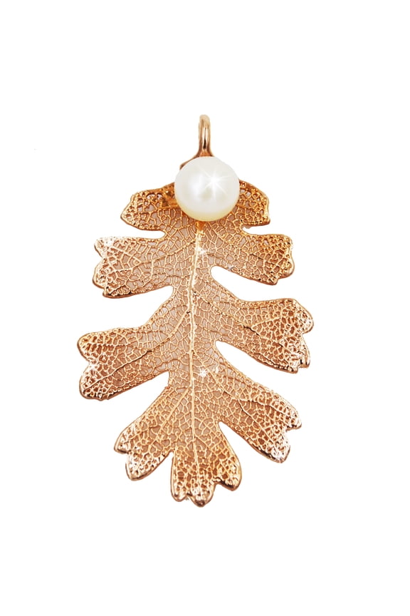 Real Leaf PENDANT Lacey OAK Dipped in Rose gold w/Freshwater Pearl