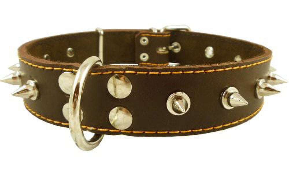 Real Leather Brown Spiked Dog Collar Spikes, 1.5" Wide. Fits 17"-21.5" Neck, Large Breeds.