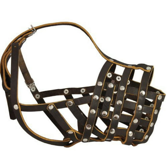 Real Leather Cage Basket Secure Dog Muzzle - Great Dane, Saint Bernard, Mastiff (Circumference 18.5", Snout Length 4.7")