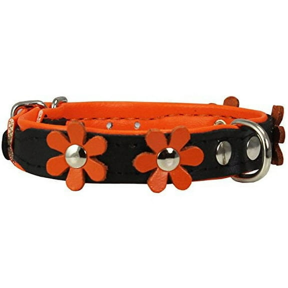 Real Leather Daisy Flowers Dog Collar (Black/Orange, 7"-8" Neck; 1/2" Wide)