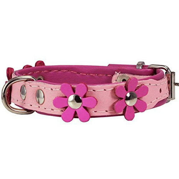 Real Leather Daisy Flowers Dog Collar (Pink/Baby-Pink, 7"-8" Neck; 1/2" Wide)