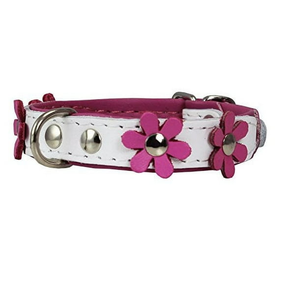 Real Leather Daisy Flowers Dog Collar (White/Pink, 7"-8" Neck; 1/2" Wide)