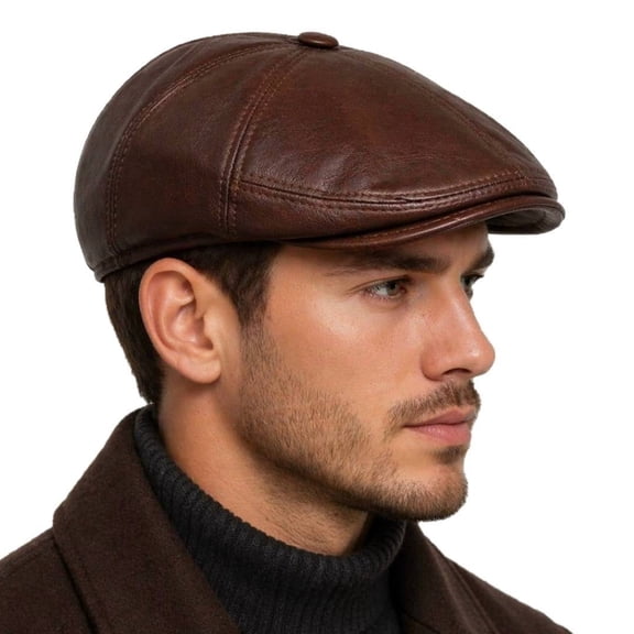Real Leather Gatsby Cap Mens Newsboy Ivy Hat Golf Driving Flat Cabbie (as1, Alpha,l, BROWN