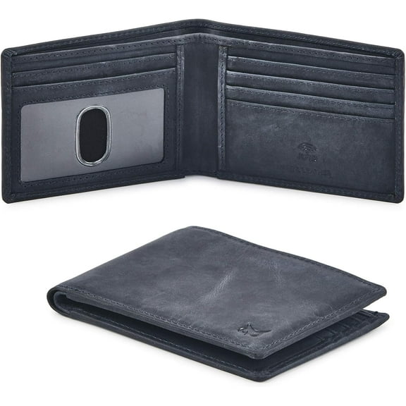 Real Leather Mens Bifold Wallet RFID Blocking Slim Minimalist Front Pocket - Thin & Stylish with ID Window in  Box (Crazy Horse, Navy)