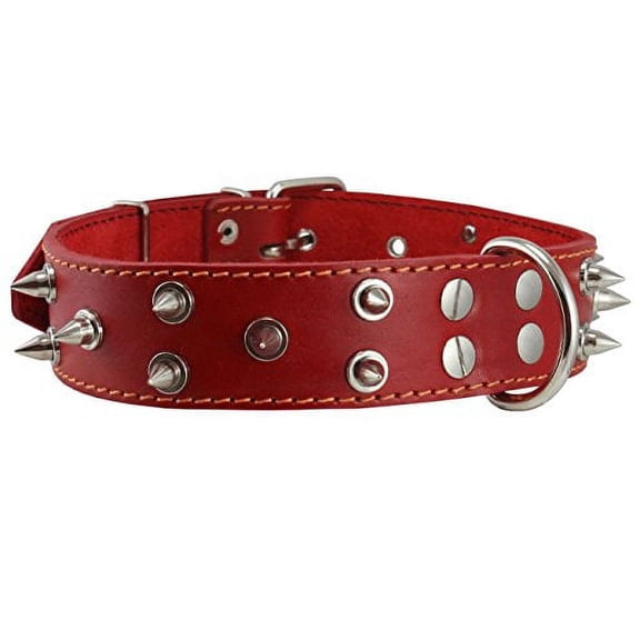 Real Leather Red Spiked Dog Collar Spikes, 1.6" Wide. Fits 19"-23" Neck, Large Breeds Rottweiler, Pit Bull.