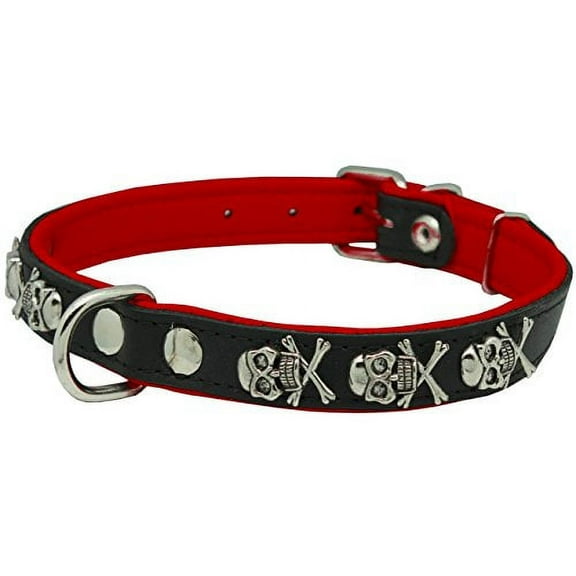 Real Leather Skull Studded Padded Dog Collar (15.5"-18.5" Neck; 3/4" Wide, Black/Red)