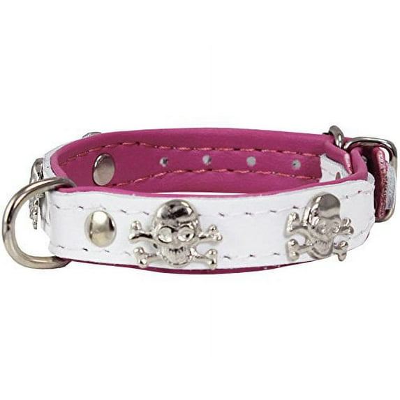 Real Leather Skull Studded Padded Dog Collar (6"-7.5" Neck; 1/2" Wide, White/Pink)