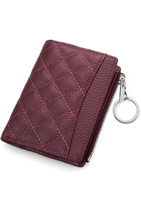 Real Leather Small RFID Blocking Wallet for Women with Credit Card Holder Zipper Pocket Key Chain Wallets - Burgundy Red