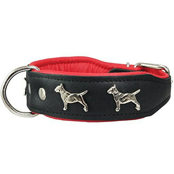 Real Leather Soft Leather Padded Dog Collar Bull Terrier 1.75" Wide. (13"-15.25" Neck, Black/Red)