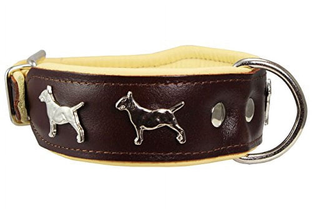 Real Leather Soft Leather Padded Dog Collar Bull Terrier 1.75" Wide. (13"-15.25" Neck, Brown/Beige)