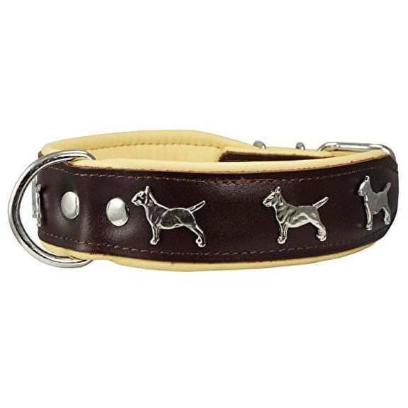 Real Leather Soft Leather Padded Dog Collar Bull Terrier 1.75" Wide. (16.75"-19.25" Neck, Brown/Beige)