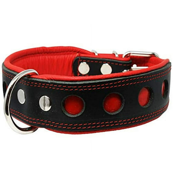 Real Leather Soft Leather Padded Dog Collar Reflective (15"-17" Neck; 1.75" Wide, Black/Red)