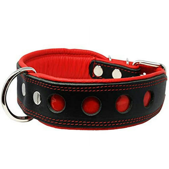 Real Leather Soft Leather Padded Dog Collar Reflective (18.25"-20.75" Neck; 1.75" Wide, Black/Red)