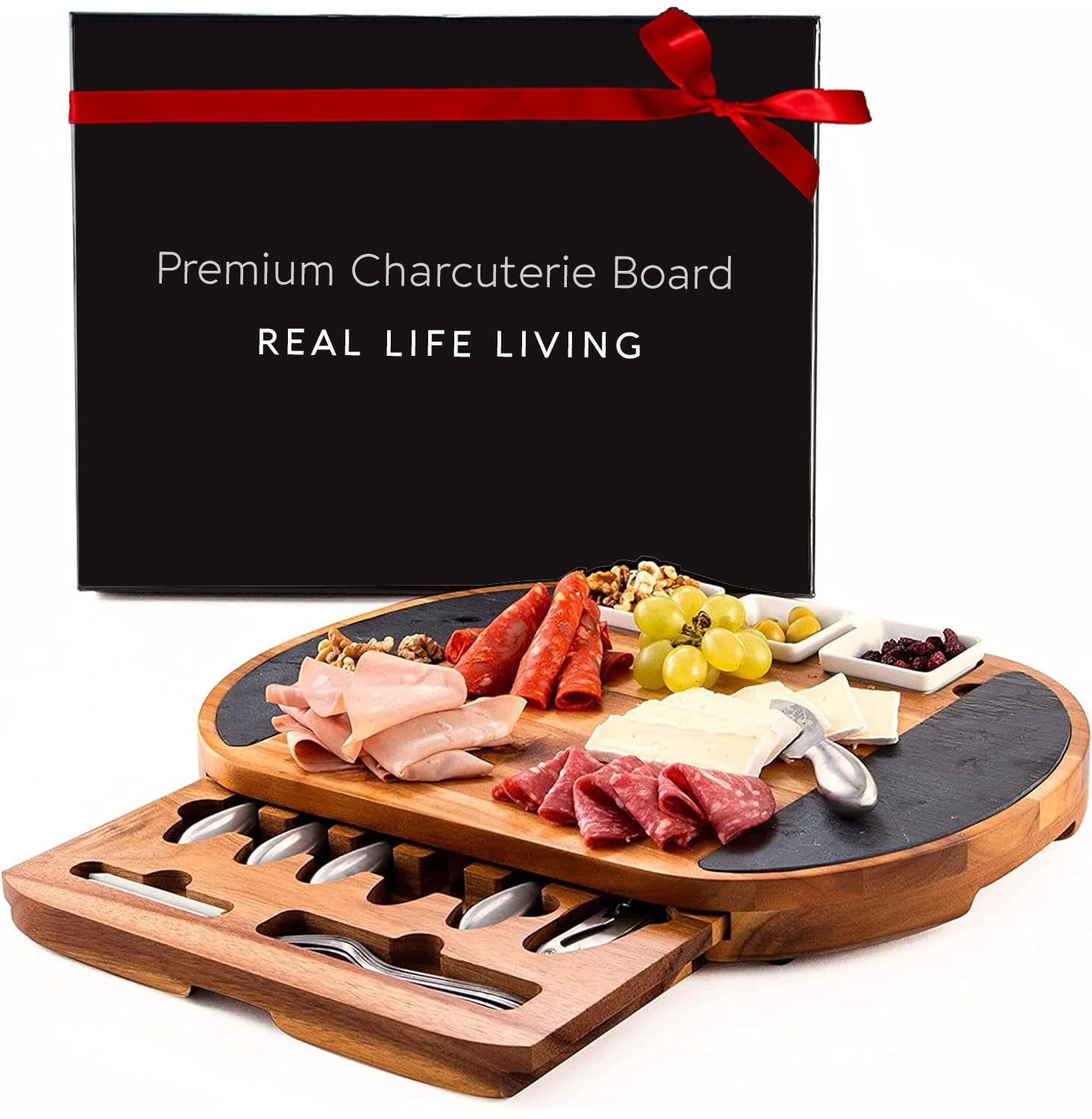 Real Life Living Charcuterie Board Set - Premium Acacia Wood with Knife Set and Slates