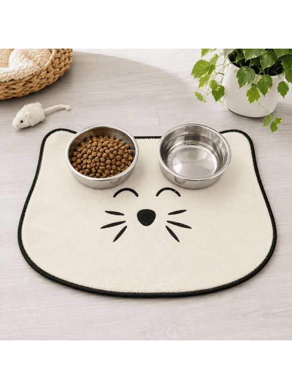 Cat-Shaped Pet Bowl Placemat, 13.46 x 10.5 in, Beige