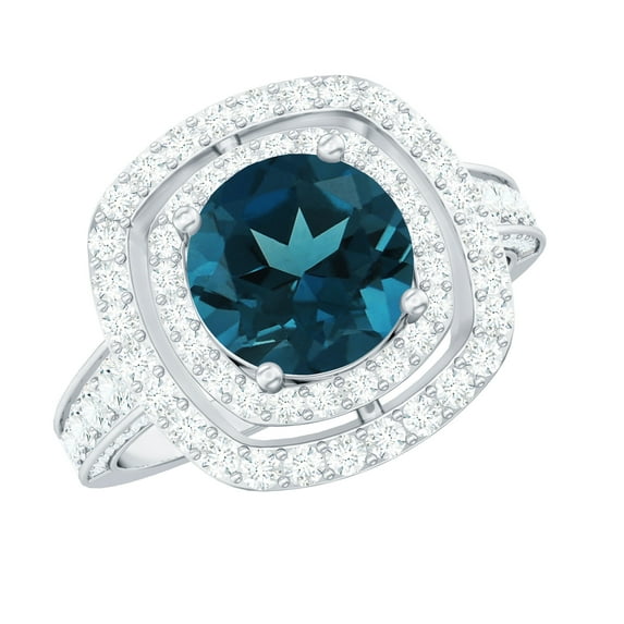 Rosec Jewels Natural London Blue Topaz Double Halo Engagement Ring with Moissanite - Statement Ring - 8 mm - AAA Quality, 18K White Gold, US 11.50