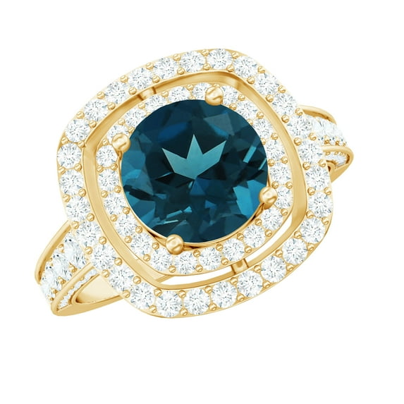 Rosec Jewels Natural London Blue Topaz Double Halo Engagement Ring with Moissanite - Statement Ring - 8 mm - AAA Quality, 18K Yellow Gold, US 3.50