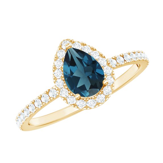 Rosec Jewels Real London Blue Topaz Teardrop Ring with Moissanite Halo (5X7 mm, AAA Quality), 18K Yellow Gold, US 8.50