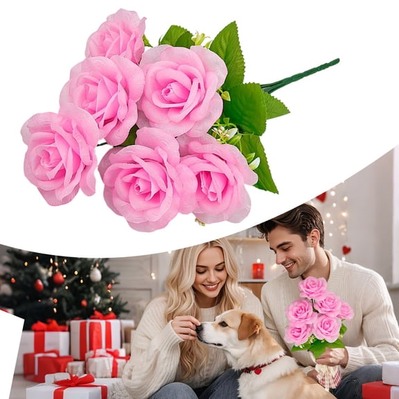 Real Looking Artificial Pink 6 Heads Roses with Short Stems - 12.59" Realistic Fake Flowers for Wedding, Party, Valentine's Day & Home Decor Bouquets, By Preplabs