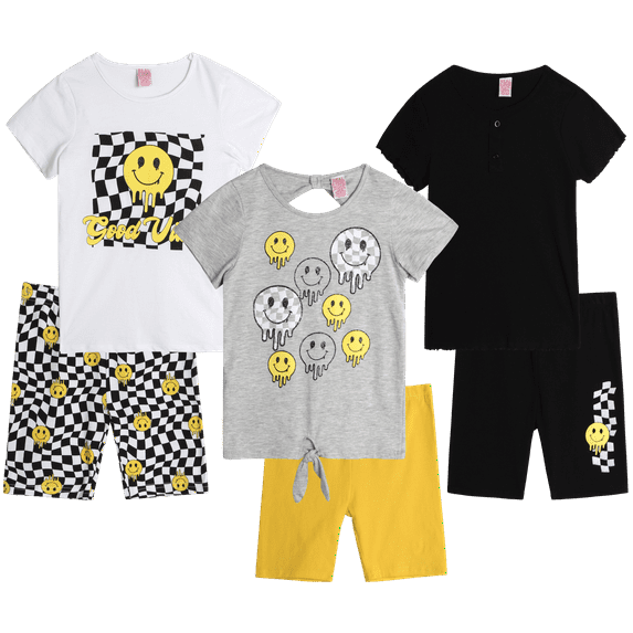 Real Love Girls' Active Shorts Set - 6 Piece Fashion T-Shirts and Performance Bike Shorts (7-16)