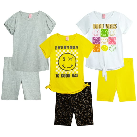 Real Love Girls' Active Shorts Set - 6 Piece Fashion T-Shirts and Performance Bike Shorts (7-16)