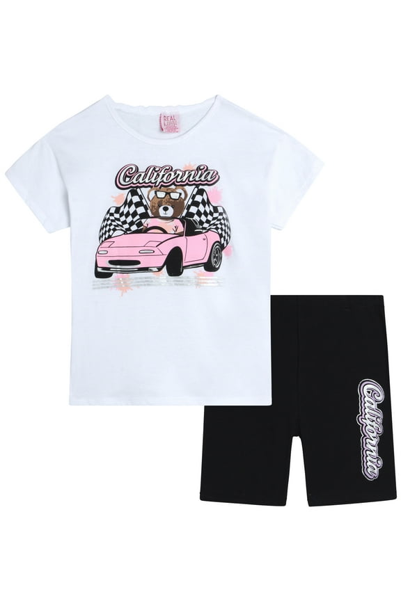 Girls' Bike Shorts Set - 2 Piece Cute Oversized T-Shirt and Bike Shorts (7-12)