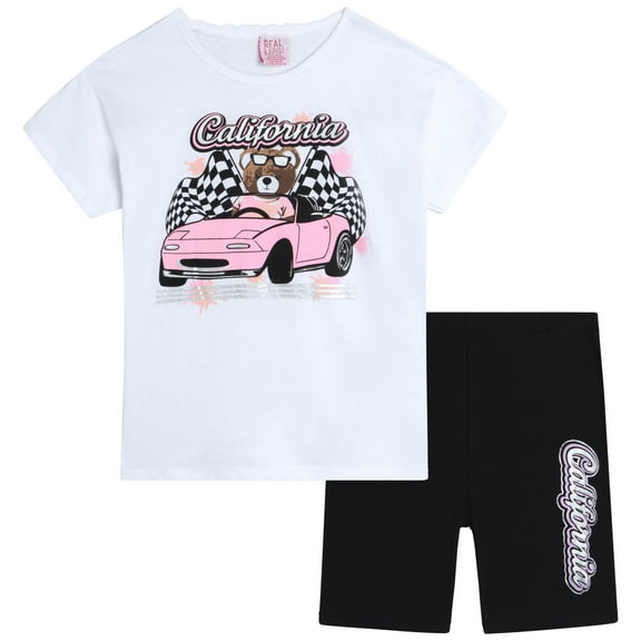 Real Love Girls' Bike Shorts Set - 2 Piece Cute Oversized T-Shirt and Bike Shorts (7-12)