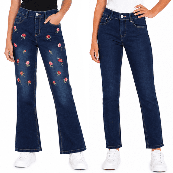 Real Love Girls’ Jeans – 2 Pack Stretch Denim Pull-On Skinny Fit Jeggings (7-16), size 12, Medium Flowers/Dark