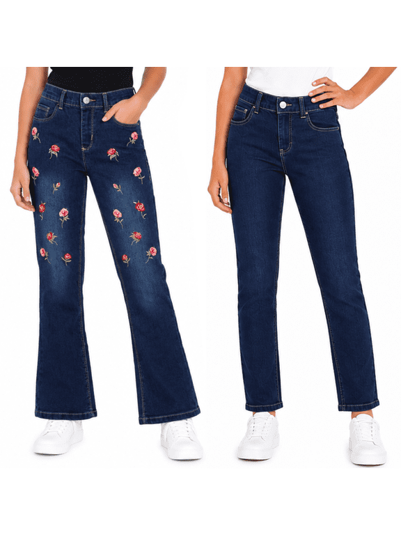 Girls’ Jeans – 2 Pack Stretch Denim Pull-On Skinny Fit Jeggings (7-16), size 12, Medium Flowers/Dark