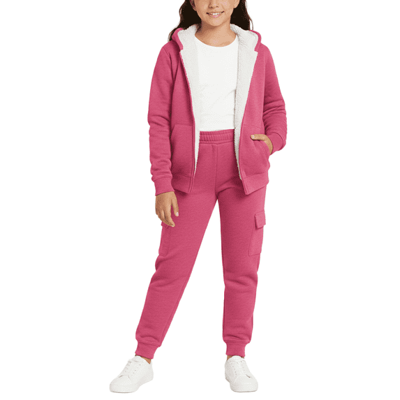 Real Love Girls Jogger Set Fully Sherpa Lined Fleece Zip Up Hoodie and Cargo Jogger Pants 2 Piece